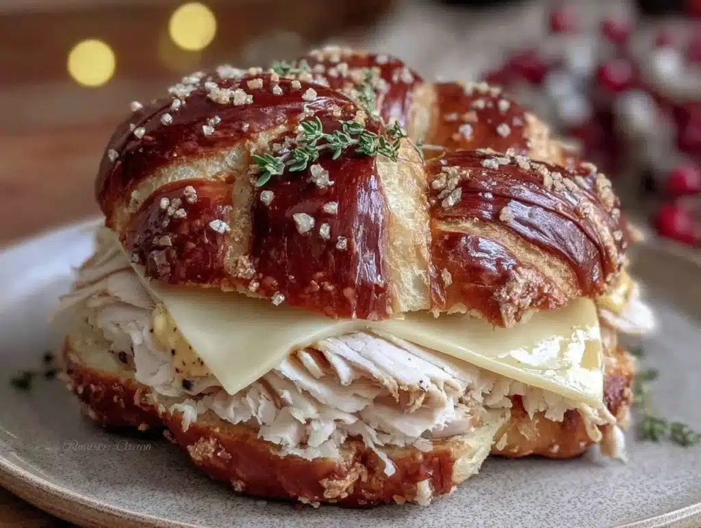 brown butter pretzel roll turkey sandwich - featured image