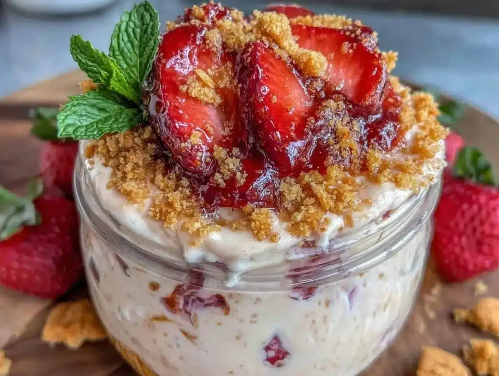 creamy strawberry cheesecake overnight oats - featured image