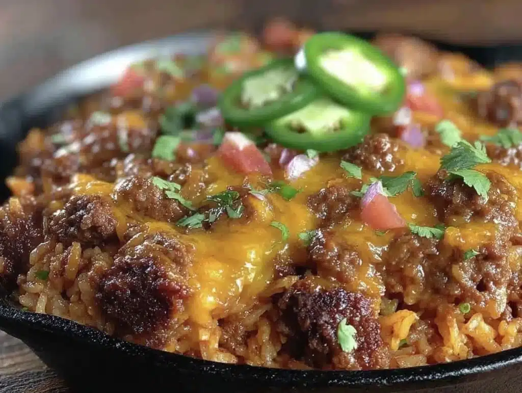 one skillet cheesy taco ground beef and rice bake - featured image