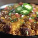 one skillet cheesy taco ground beef and rice bake - featured image