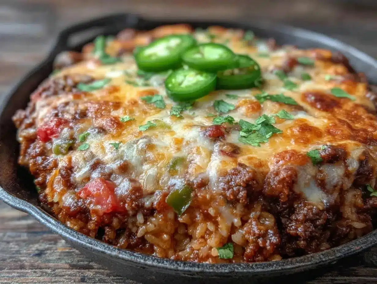 one skillet cheesy taco ground beef and rice bake preparation steps