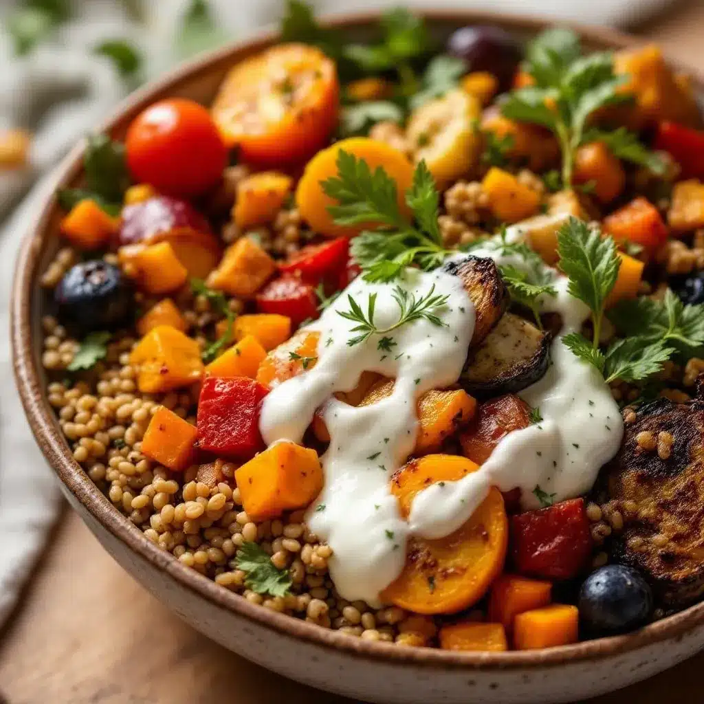 cozy fall harvest grain bowl with roasted vegetables preparation steps