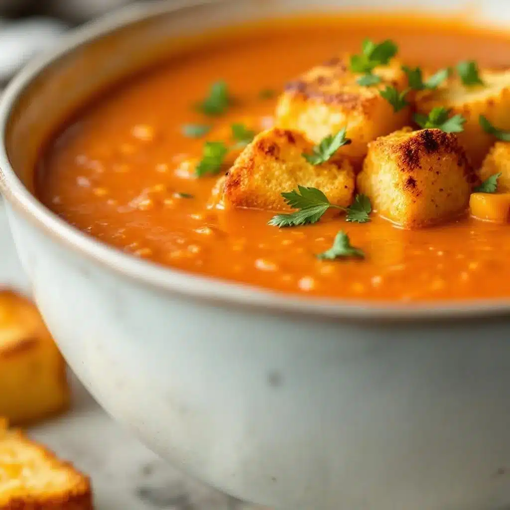 creamy tomato soup with grilled cheese croutons - featured image