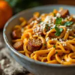 creamy fall harvest pasta with sausage and pumpkin sauce - featured image