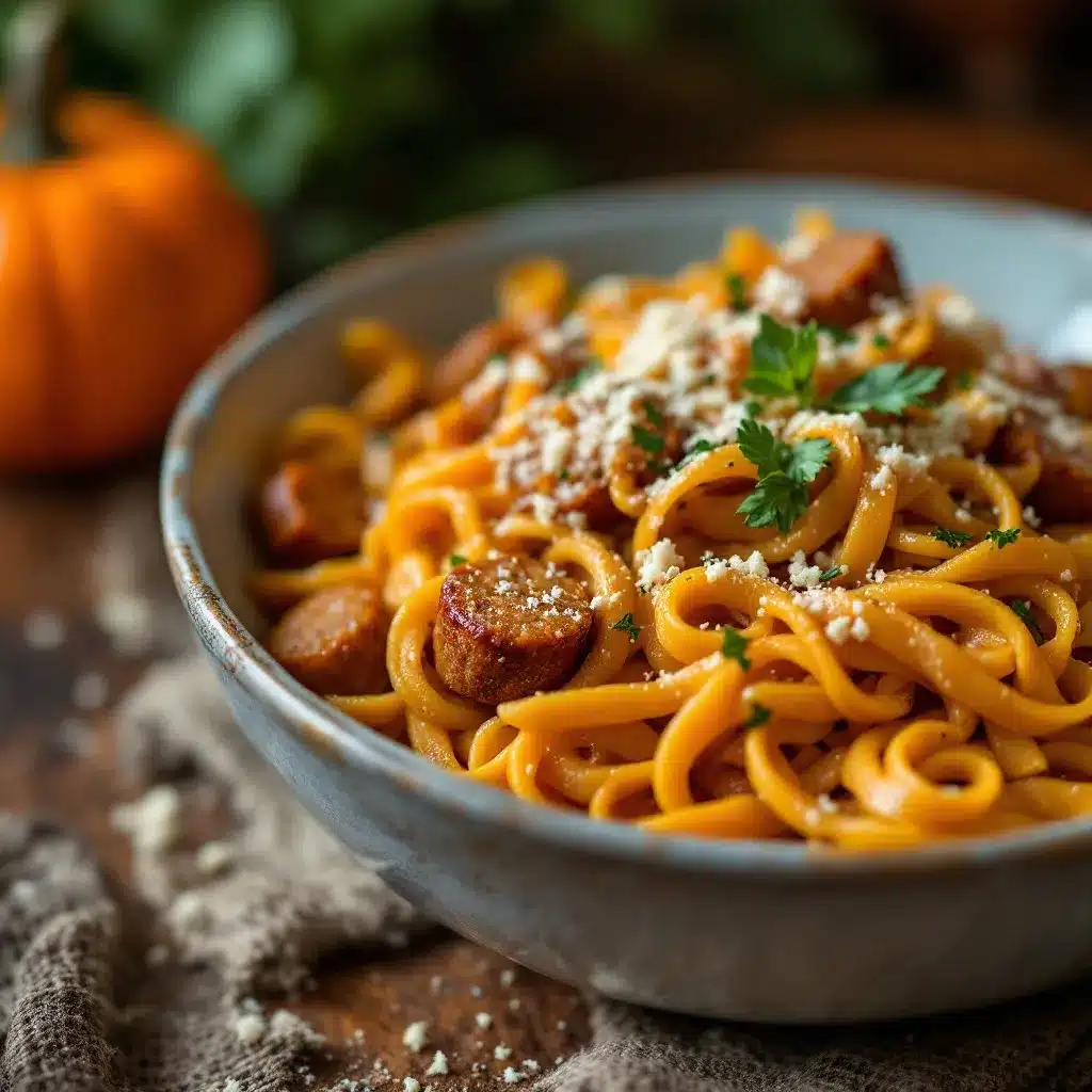 creamy fall harvest pasta with sausage and pumpkin sauce preparation steps