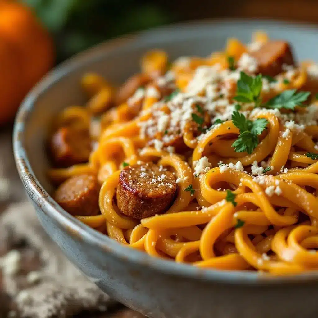 creamy fall harvest pasta with sausage and pumpkin sauce - featured image