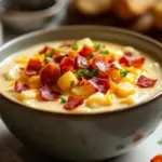 creamy loaded baked potato soup with bacon - featured image
